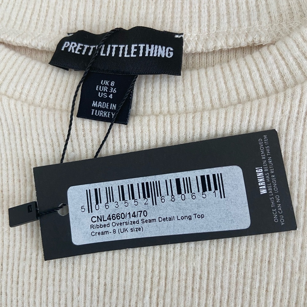 PrettyLittleThing Cream Ribbed Crew Neck Top - Picture 3 of 5